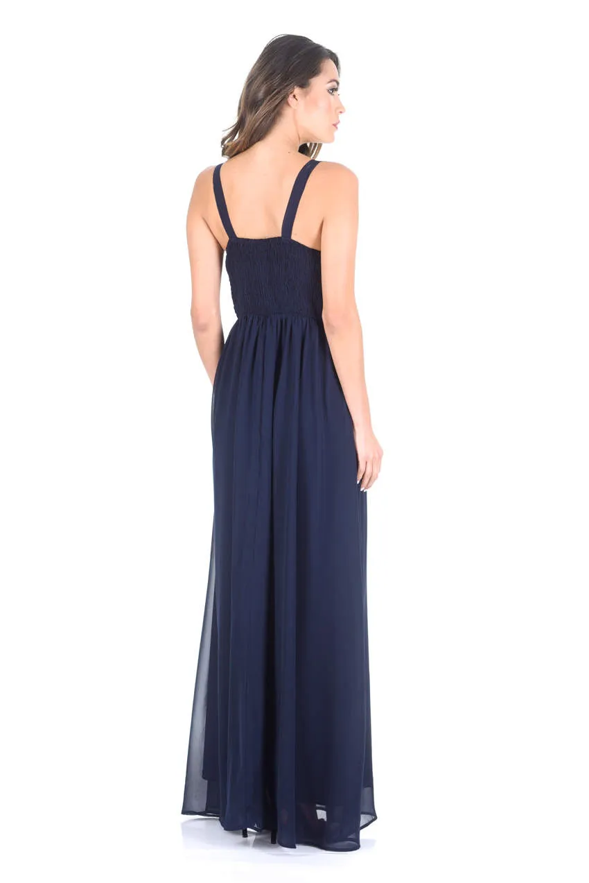 Navy Sleeveless Embroidered Maxi Dress