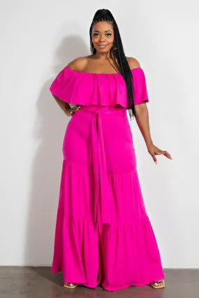 Off The Shoulder Wide Leg Jumpsuit - Pink