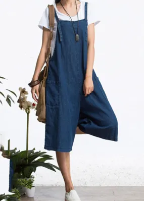 Organic Blue Pockets Solid Color Cotton Denim Jumpsuits Wide Leg Pants Summer