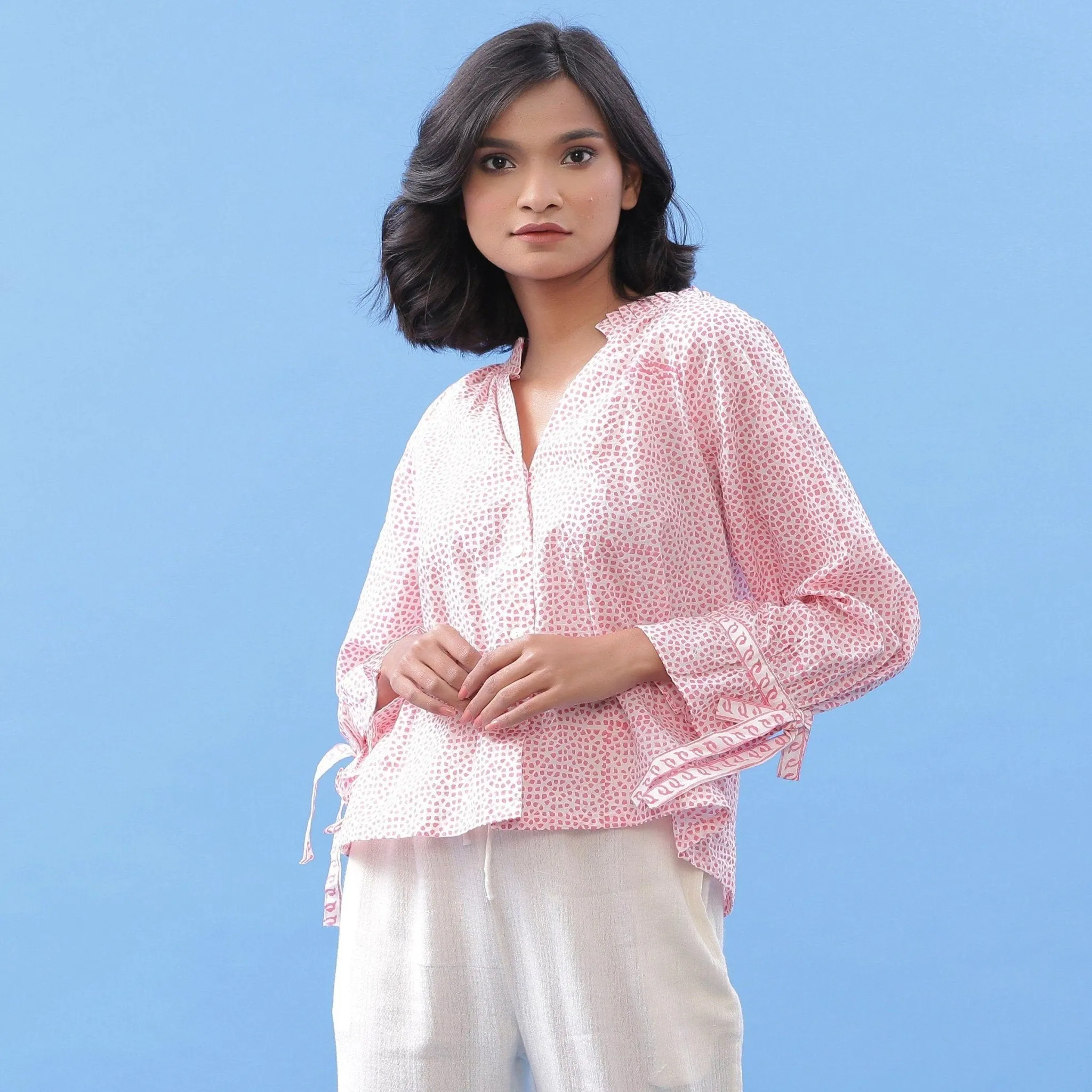 Pink Hand Block Printed Ruffled Collar Cotton Blouse