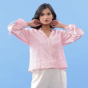 Pink Hand Block Printed Ruffled Collar Cotton Blouse