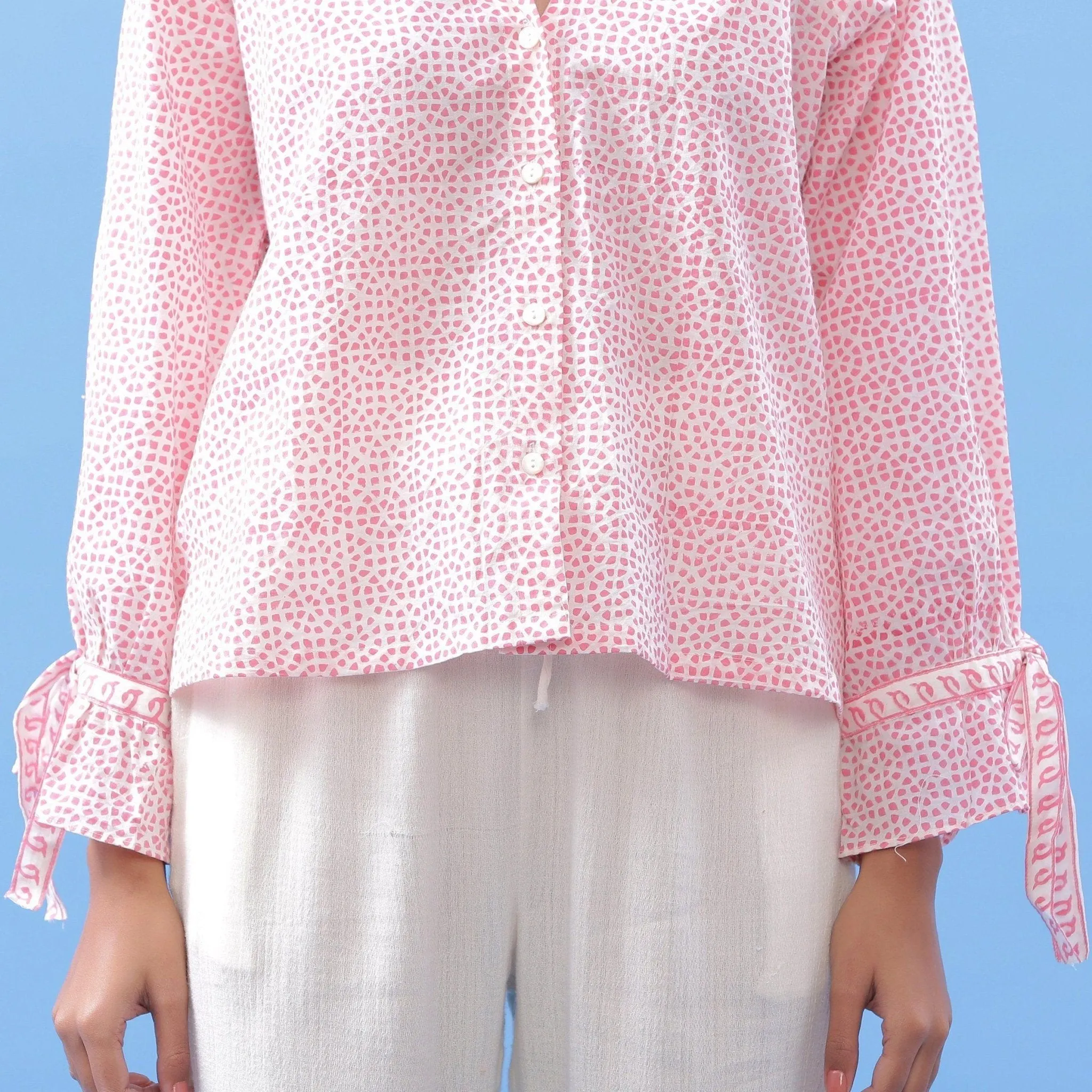 Pink Hand Block Printed Ruffled Collar Cotton Blouse