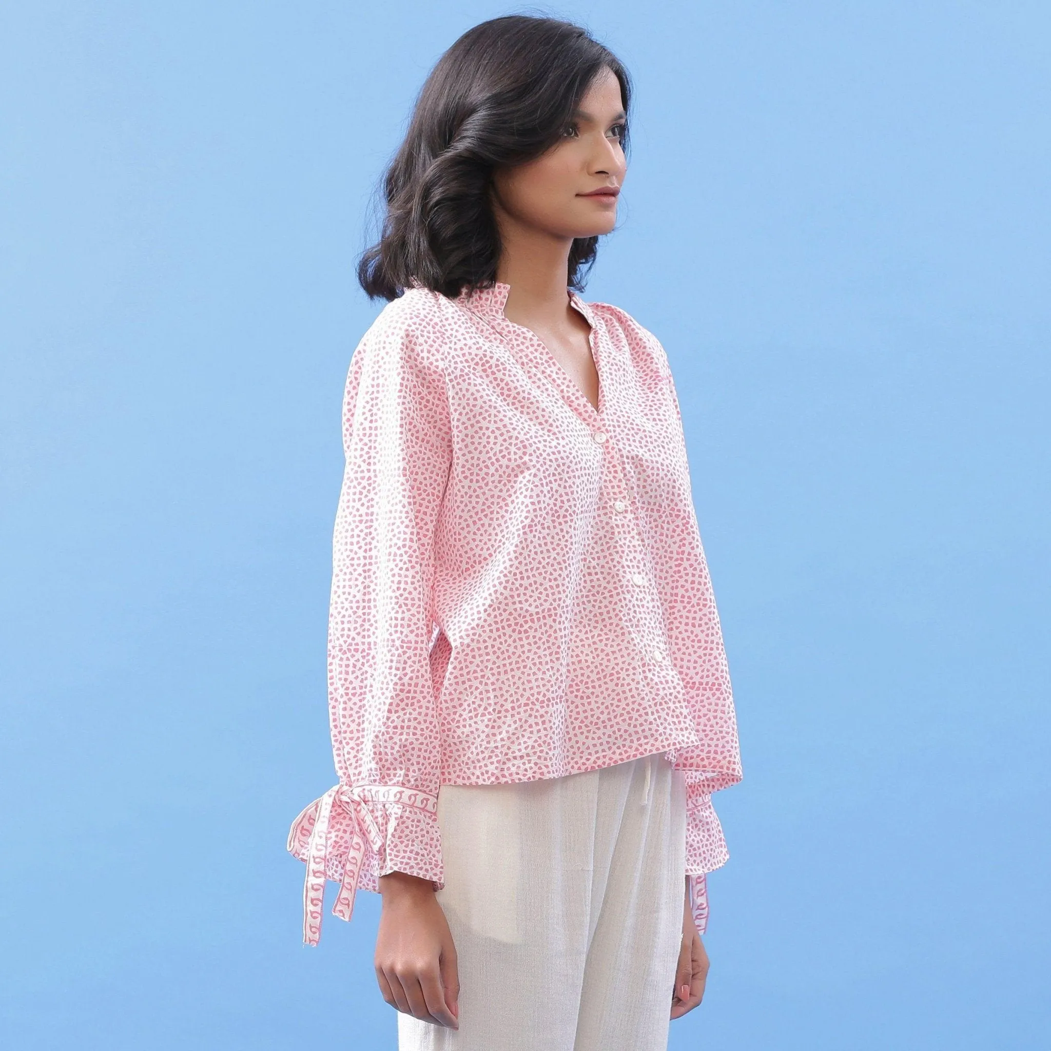 Pink Hand Block Printed Ruffled Collar Cotton Blouse