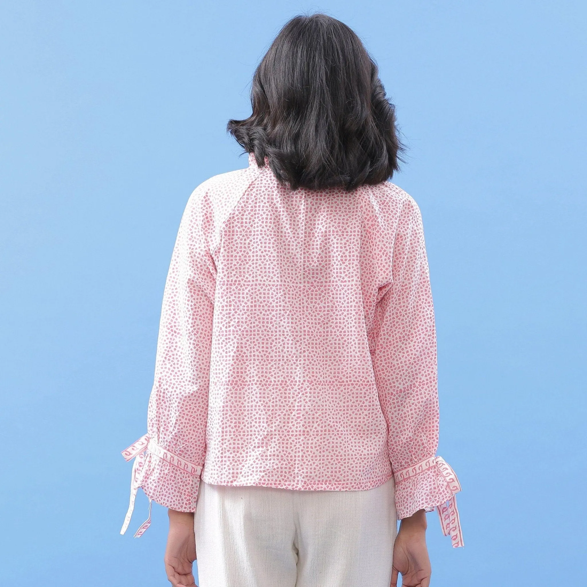 Pink Hand Block Printed Ruffled Collar Cotton Blouse