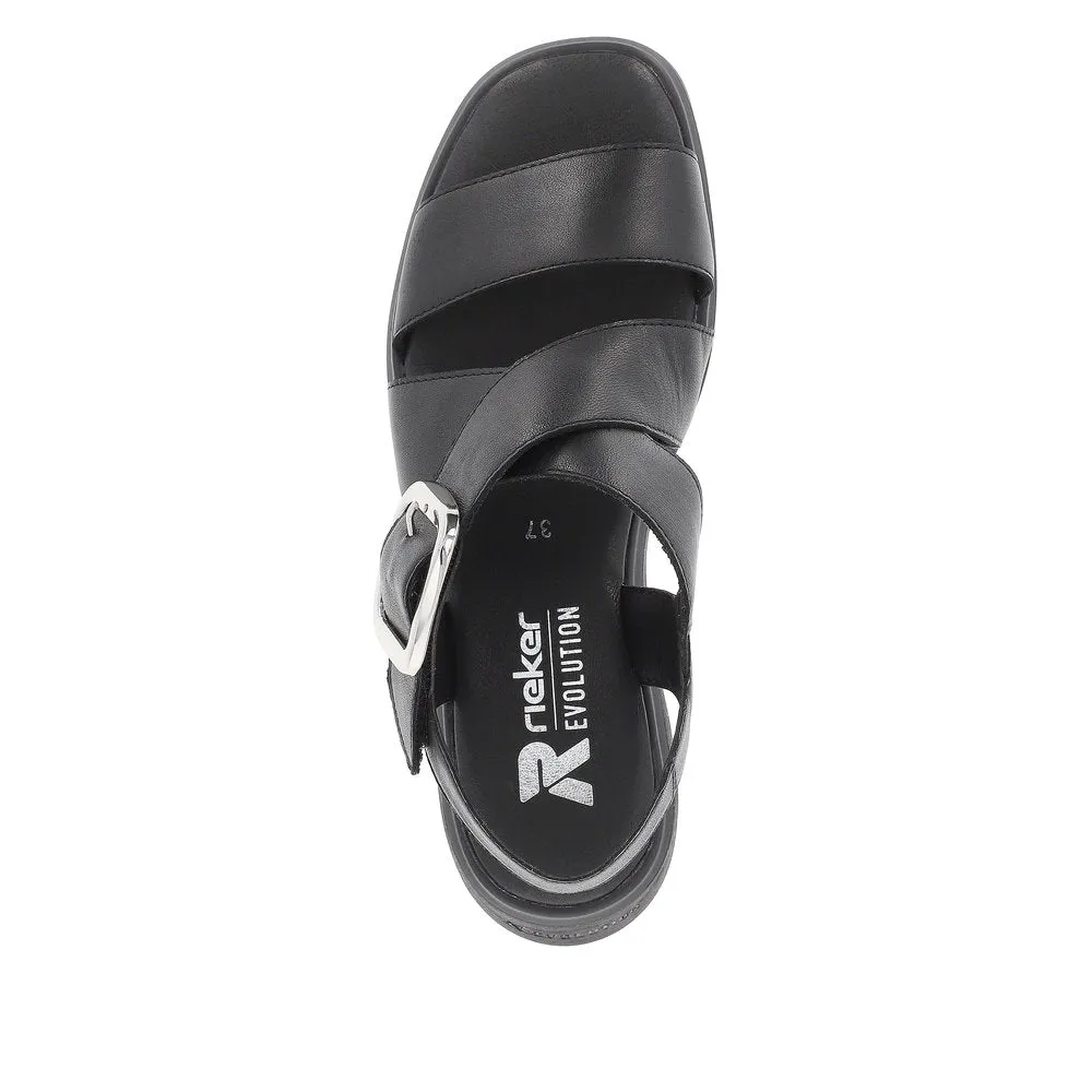 Rieker W1550-00 Ladies Black Leather Touch Fastening Sandals