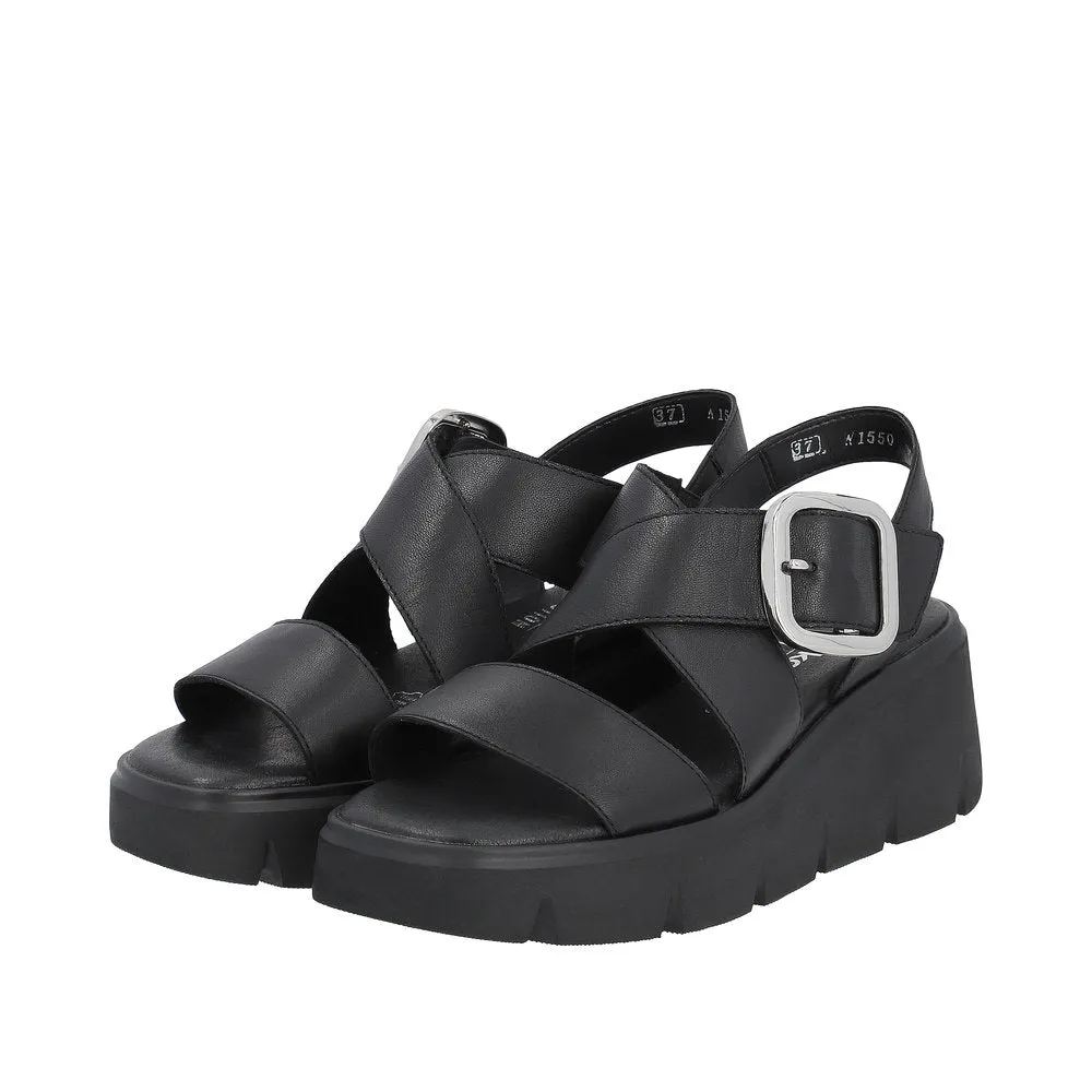 Rieker W1550-00 Ladies Black Leather Touch Fastening Sandals