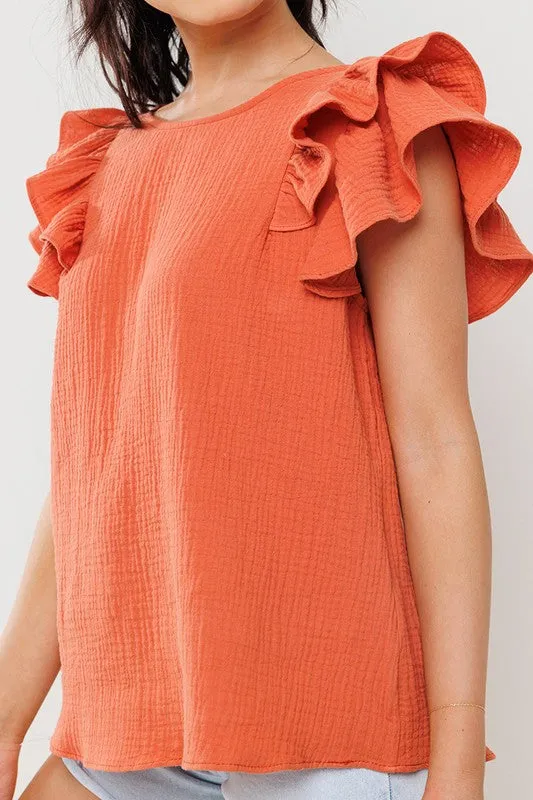 Rust Gauze Double Ruffled Short Sleeve Top