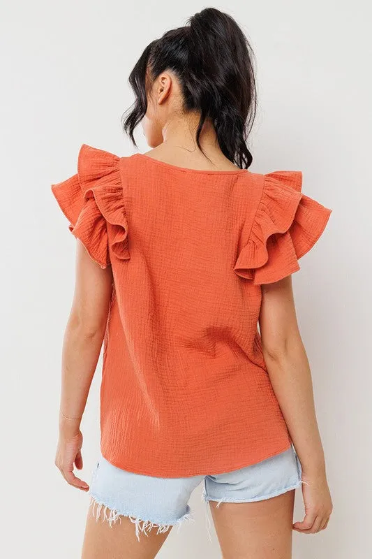 Rust Gauze Double Ruffled Short Sleeve Top