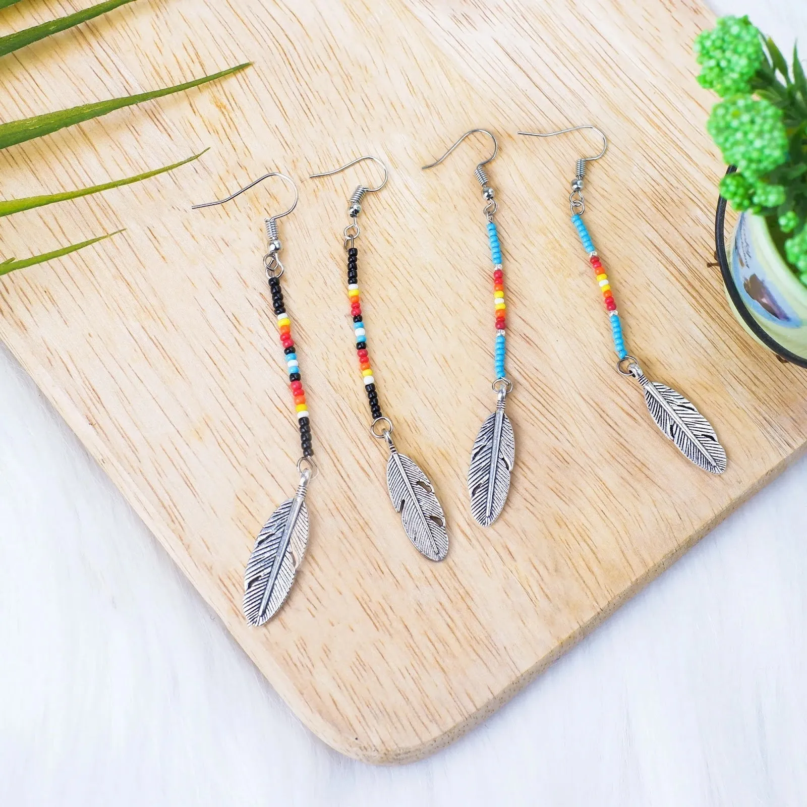 SALE 50% OFF - Black Stick with Metal Feather Beaded Handmade Earrings For Women