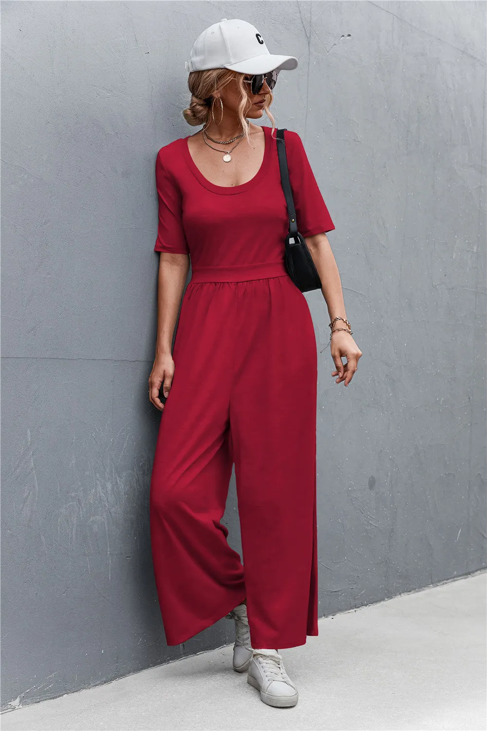 Scoop Neck Half Sleeve Wide Leg Jumpsuit