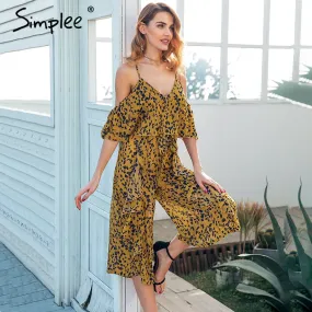 Simplee Sexy strap ruffle chiffon jumpsuit women Cold shoulder wide leg print jumsuit 2018 Summer beach playsuits