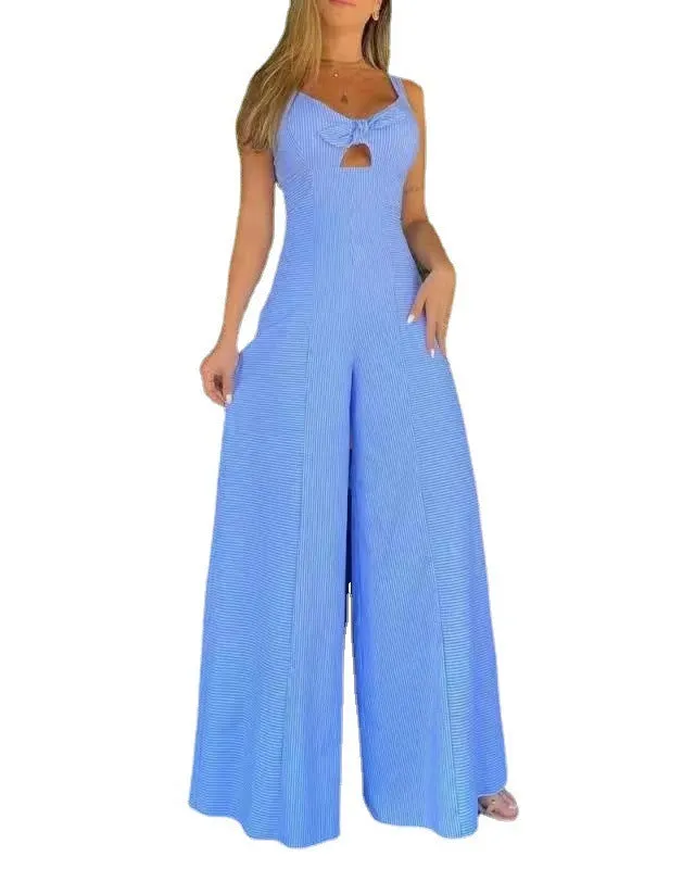 Sleeveless Striped Solid Blue Casual Wide Leg Jumpsuit