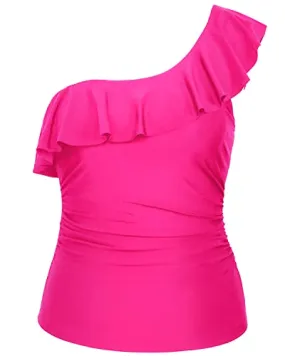 Slimming One Shoulder Tankini Tops Ruched For Women-Neon Pink