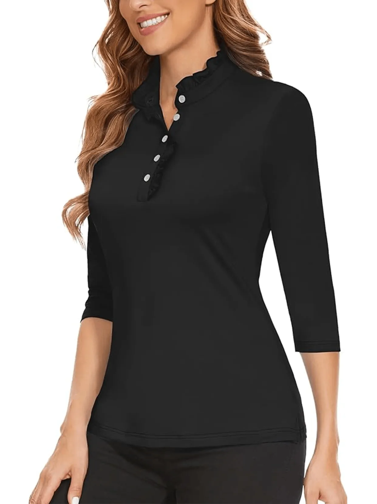 Solid Black Ruffled-collar 3/4 Sleeve Polo Shirt For Women