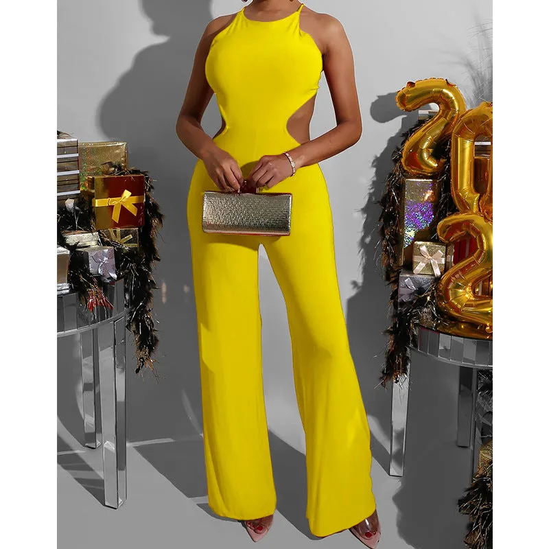 Solid Sleeveless Suspender Wide Leg Jumpsuit