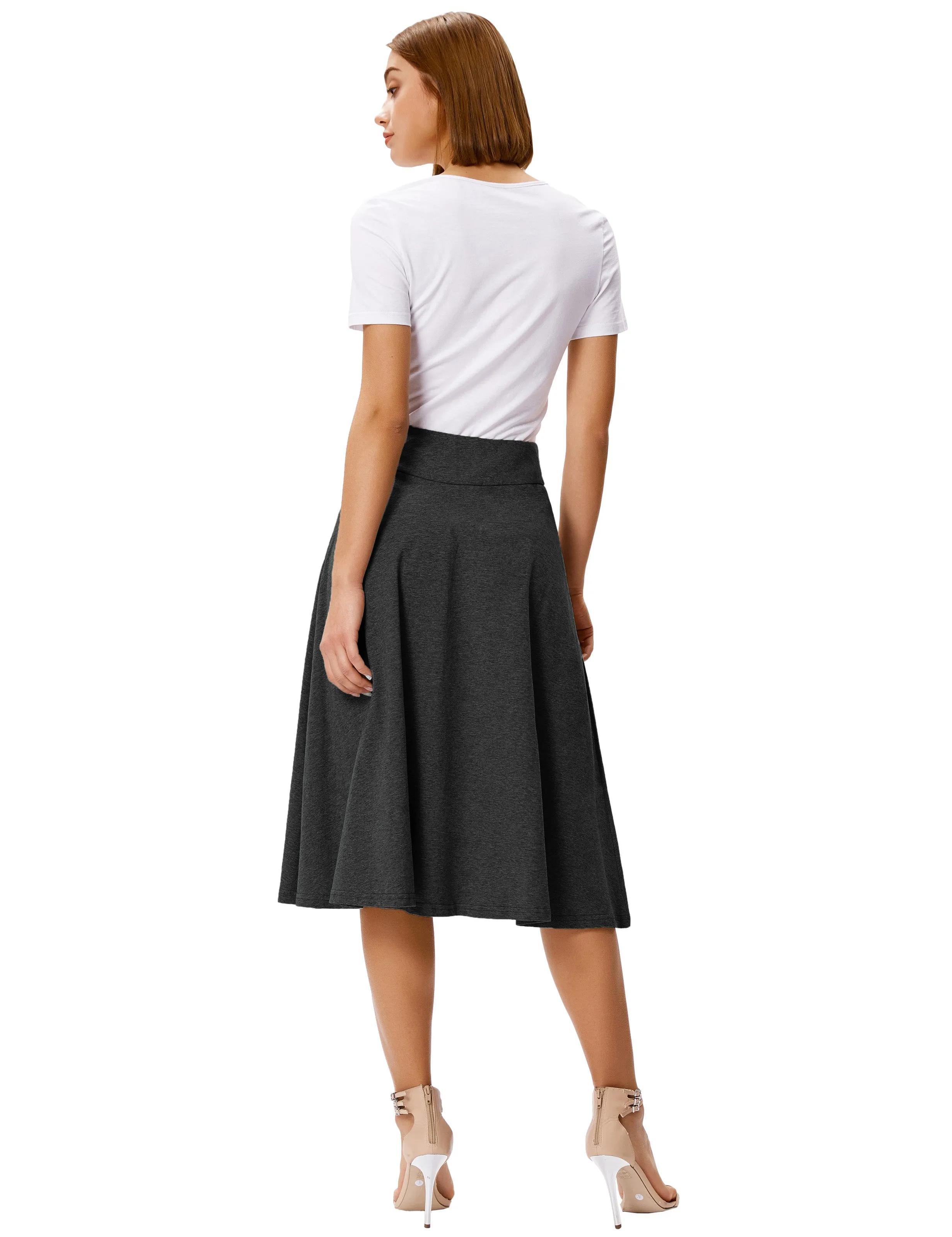 Stretchy Cotton High Waist A-line Flared Skirt Midi Skirt