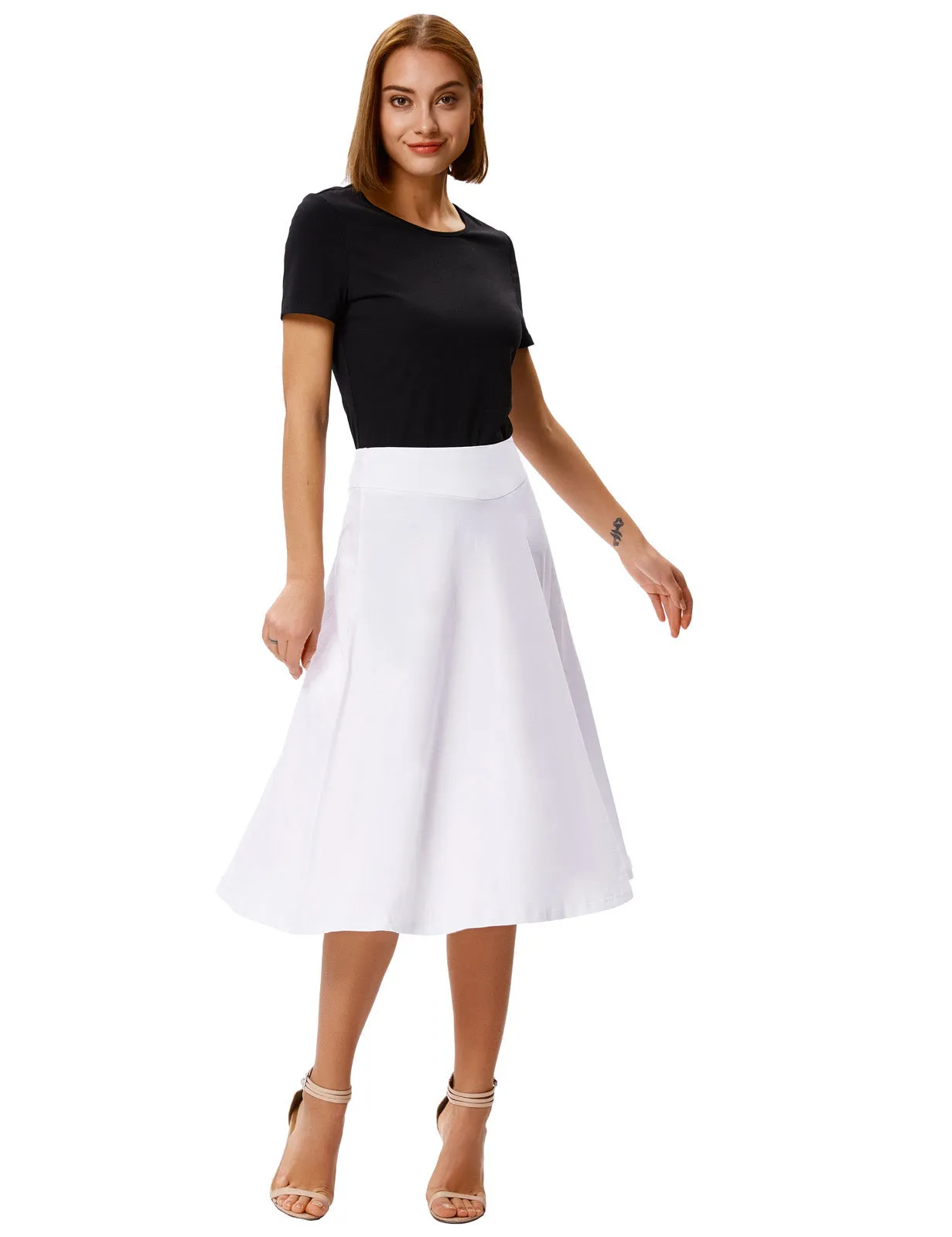 Stretchy Cotton High Waist A-line Flared Skirt Midi Skirt