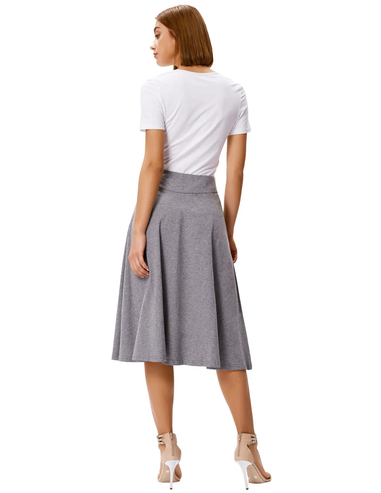 Stretchy Cotton High Waist A-line Flared Skirt Midi Skirt