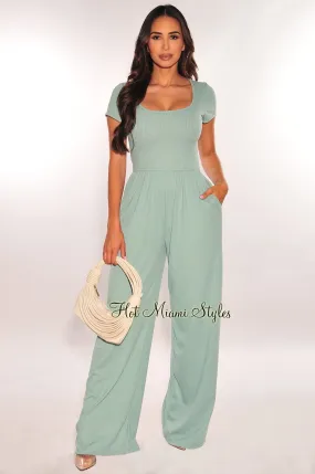 Teal Ribbed Short Sleeve Wide Leg Jumpsuit