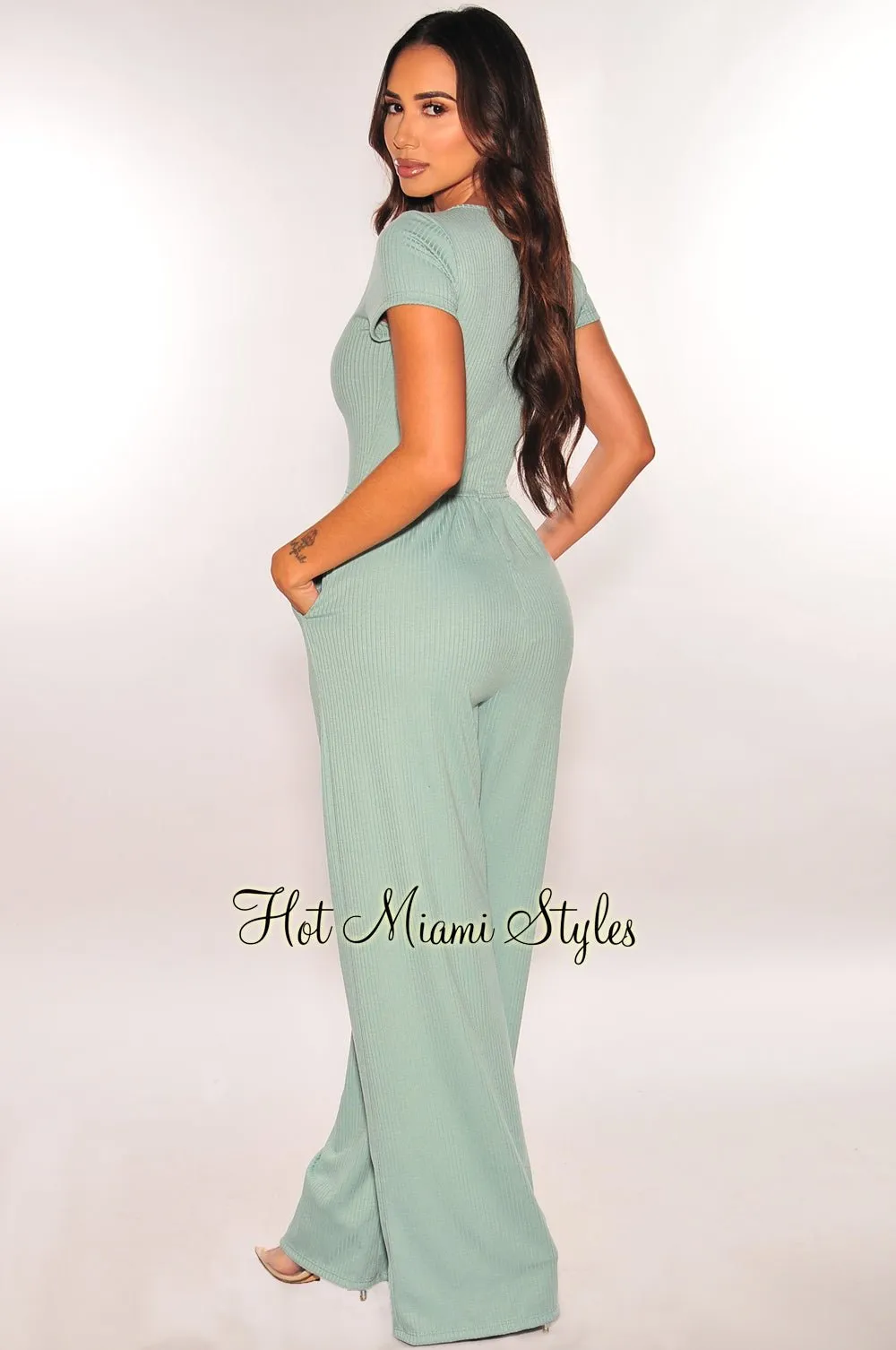 Teal Ribbed Short Sleeve Wide Leg Jumpsuit