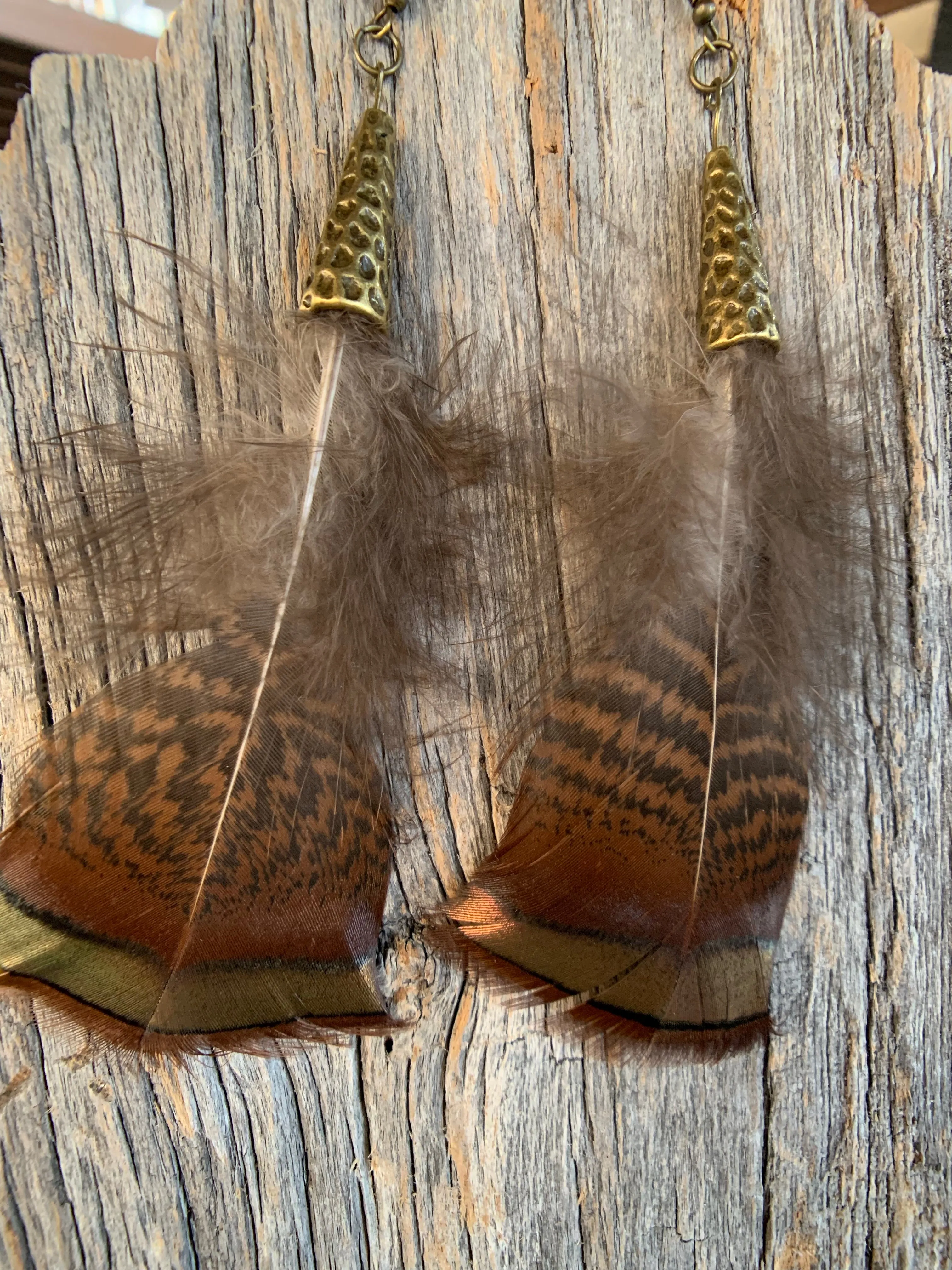 Tennessee Turkey Feather Earrings with Hammered Bronze Cap