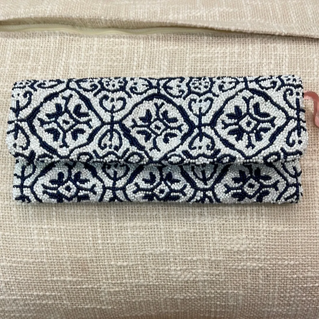 Trellis Navy and White Beaded Clutch