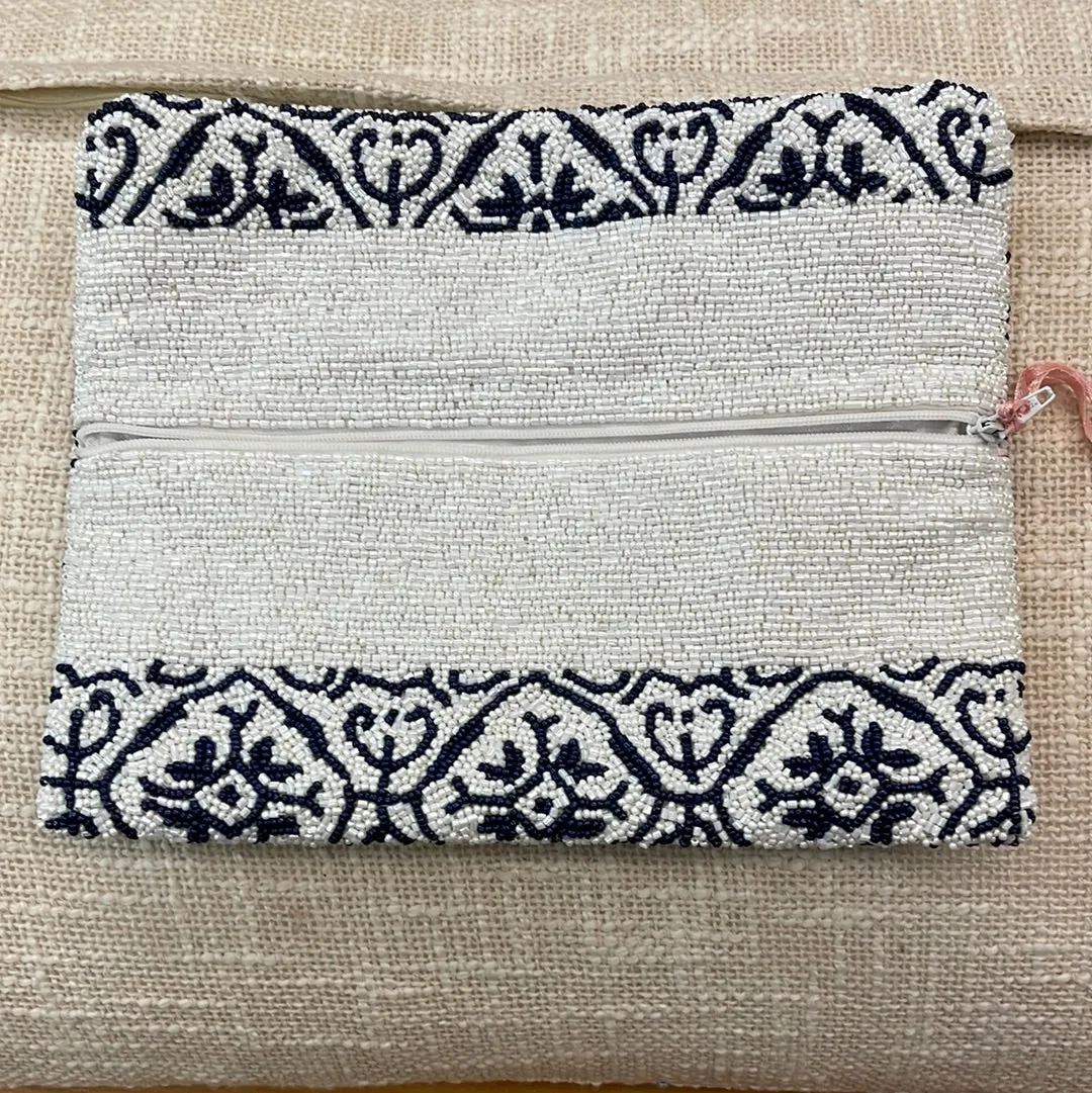 Trellis Navy and White Beaded Clutch