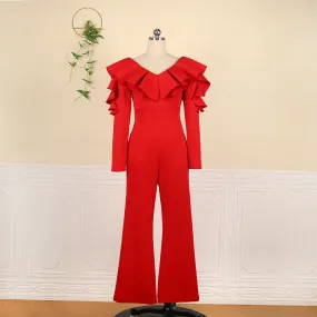 V-Neck Ruffled Long-Sleeved High-Waisted Wide-Leg Pants Wholesale Jumpsuits