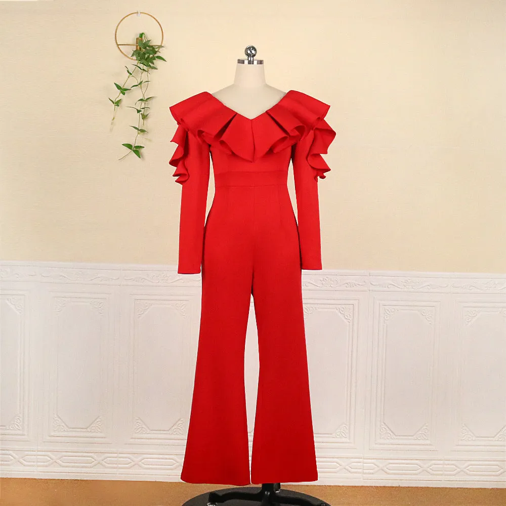 V-Neck Ruffled Long-Sleeved High-Waisted Wide-Leg Pants Wholesale Jumpsuits