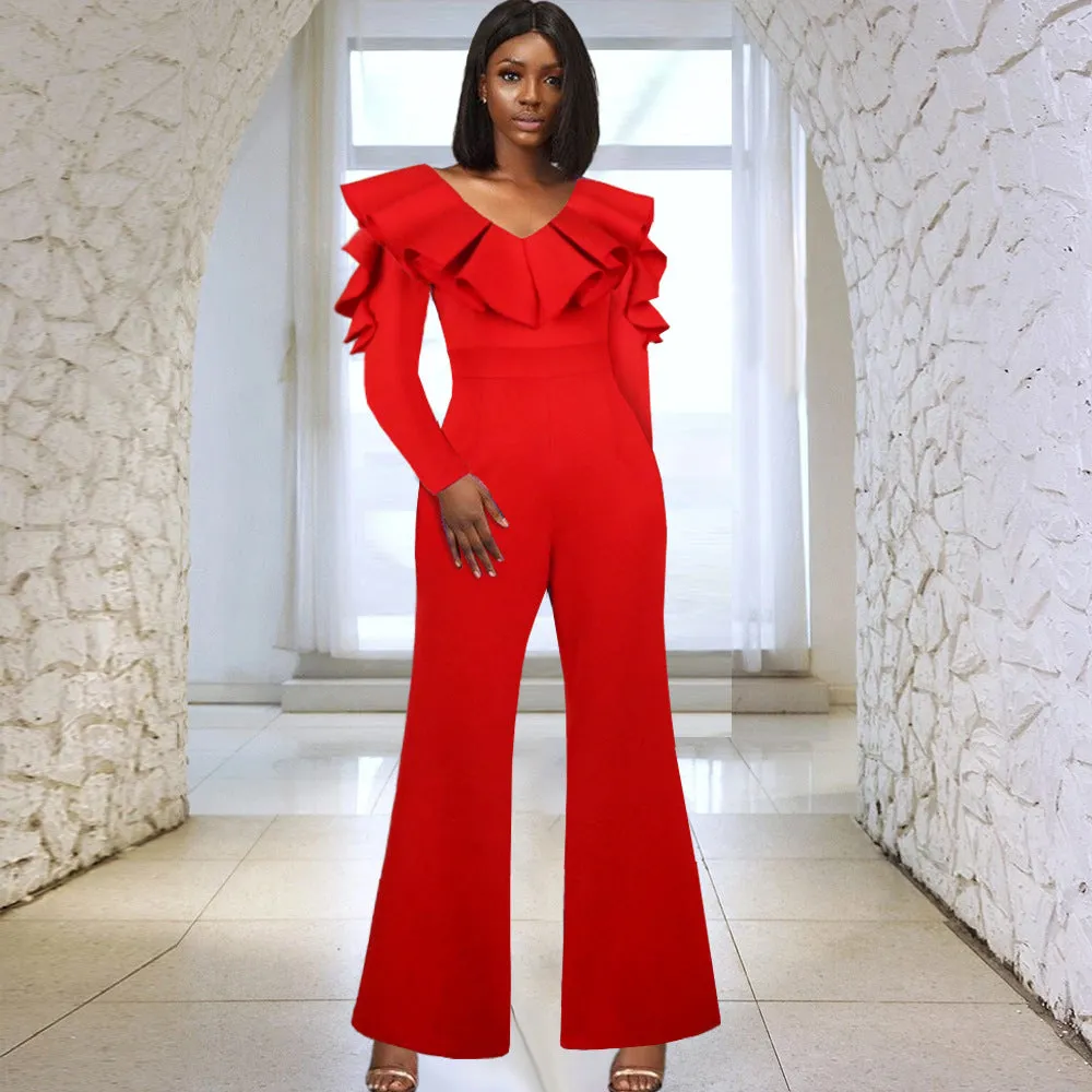 V-Neck Ruffled Long-Sleeved High-Waisted Wide-Leg Pants Wholesale Jumpsuits