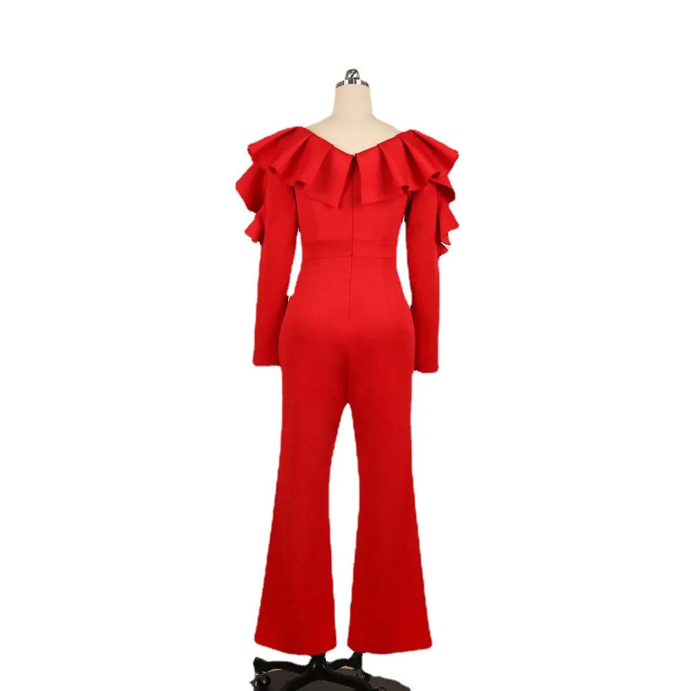 V-Neck Ruffled Long-Sleeved High-Waisted Wide-Leg Pants Wholesale Jumpsuits