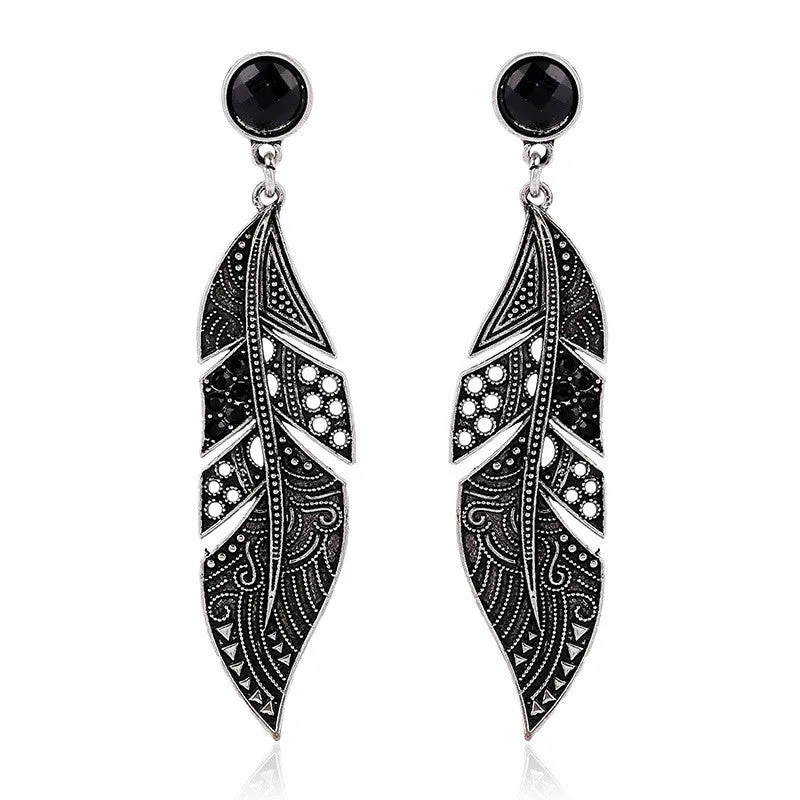 Vintage Fashion Bohemian Antique silver plated feather earrings women Jewelry black resin Charm Stud earrings for female