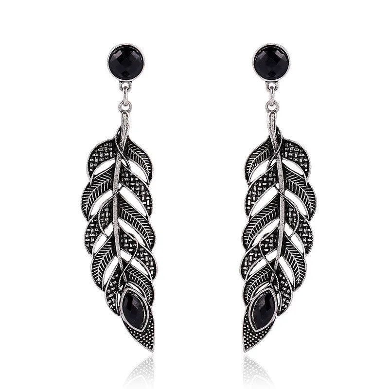 Vintage Fashion Bohemian Antique silver plated feather earrings women Jewelry black resin Charm Stud earrings for female