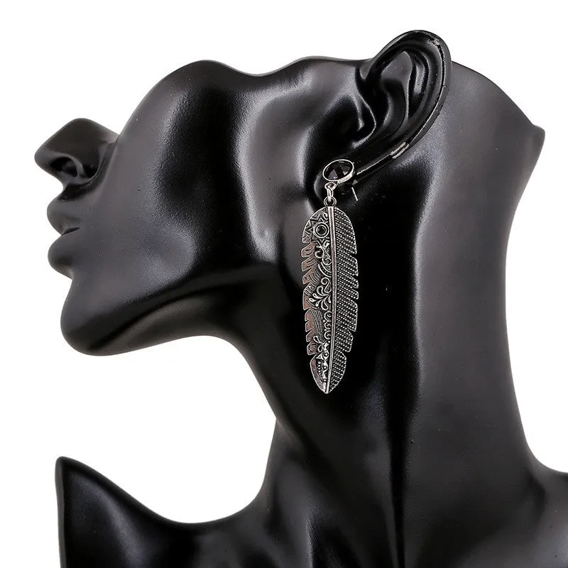 Vintage Fashion Bohemian Antique silver plated feather earrings women Jewelry black resin Charm Stud earrings for female