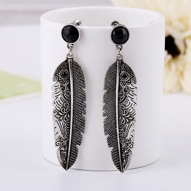 Vintage Fashion Bohemian Antique silver plated feather earrings women Jewelry black resin Charm Stud earrings for female