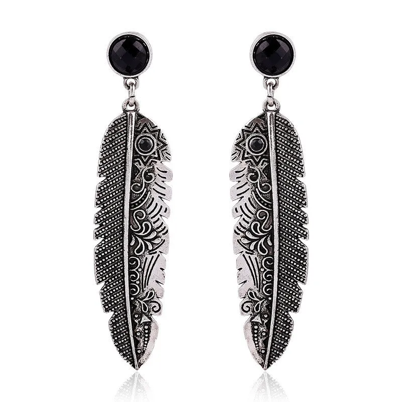 Vintage Fashion Bohemian Antique silver plated feather earrings women Jewelry black resin Charm Stud earrings for female