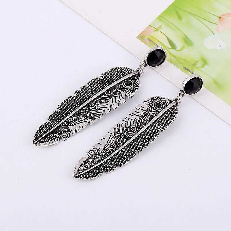 Vintage Fashion Bohemian Antique silver plated feather earrings women Jewelry black resin Charm Stud earrings for female