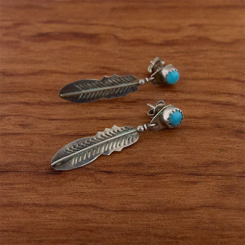 VINTAGE Native American Turquoise and Silver Feather Earrings