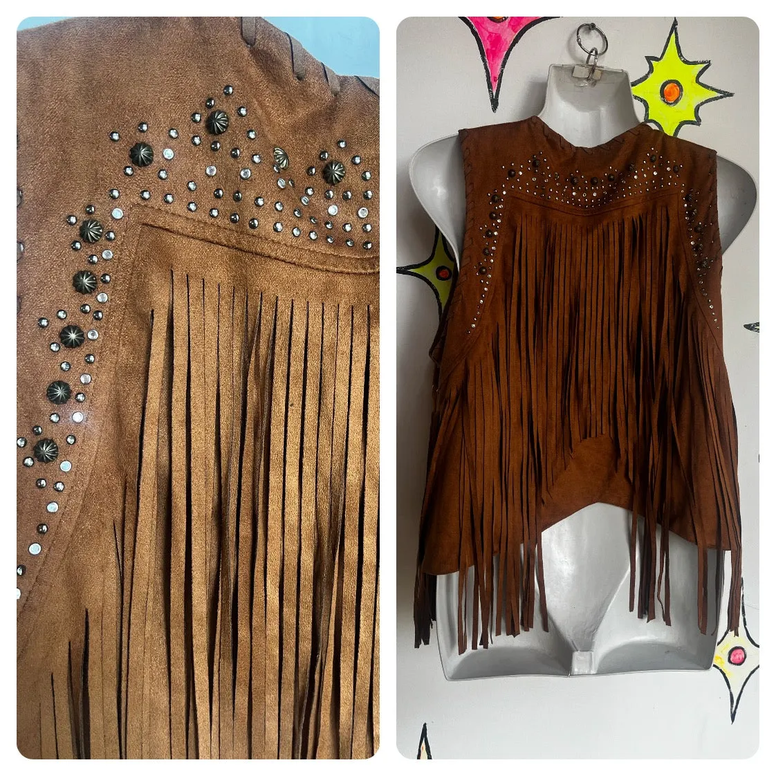 Vintage Y2K 00's | Faux Suede Fringe Rhinestone Vest Cowgirl Biker Western | L