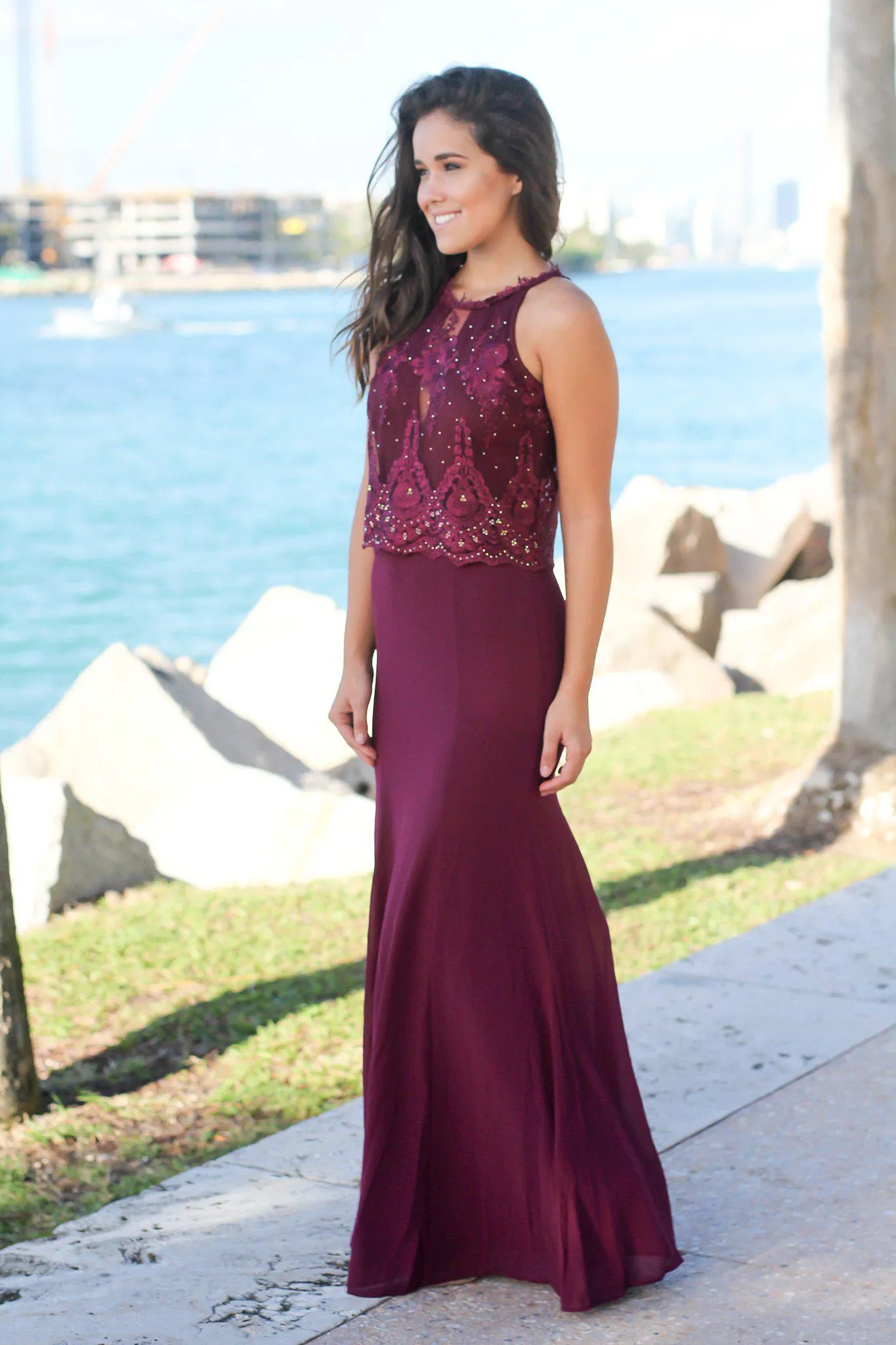 Wine Maxi Dress with Mesh Embroidered Top