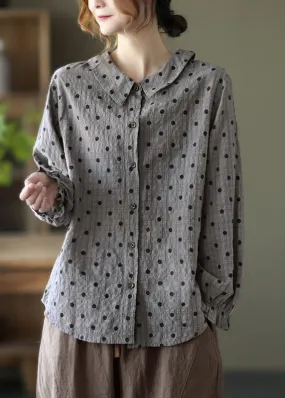 Women Grey Button Ruffled Dot Fall Shirt Tops Long sleeve