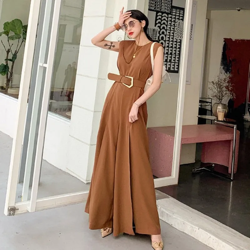 Women sleeveless O Neck Long Jumpsuit Wide Leg With Belt