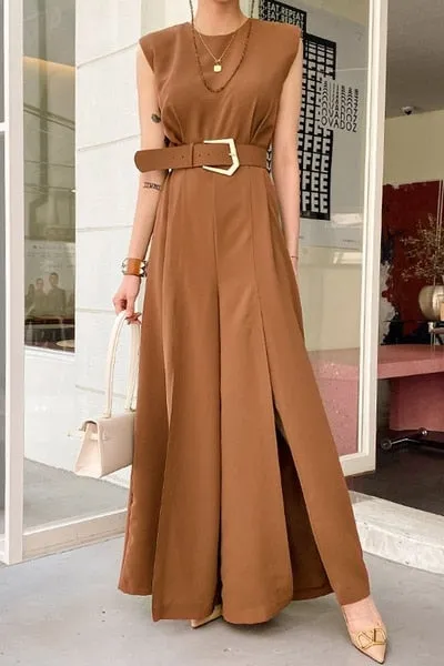 Women sleeveless O Neck Long Jumpsuit Wide Leg With Belt