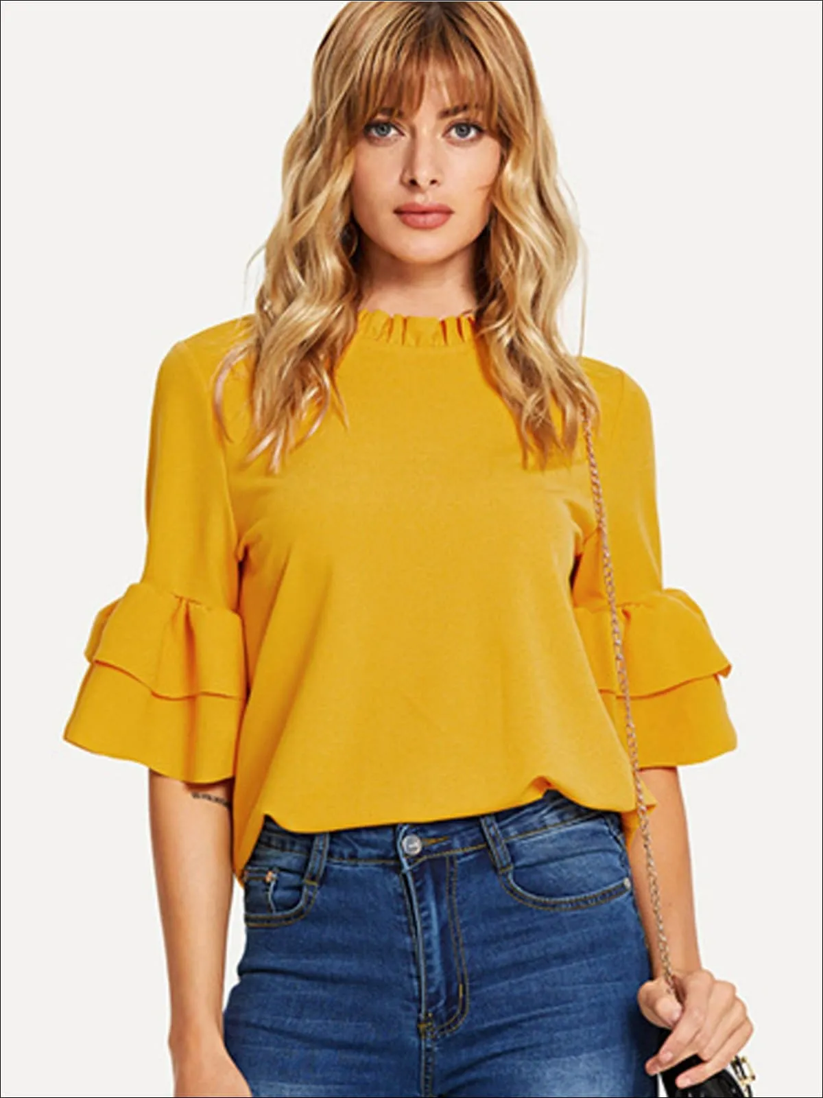 Women's Frill Neck Ruffled Sleeve Blouse