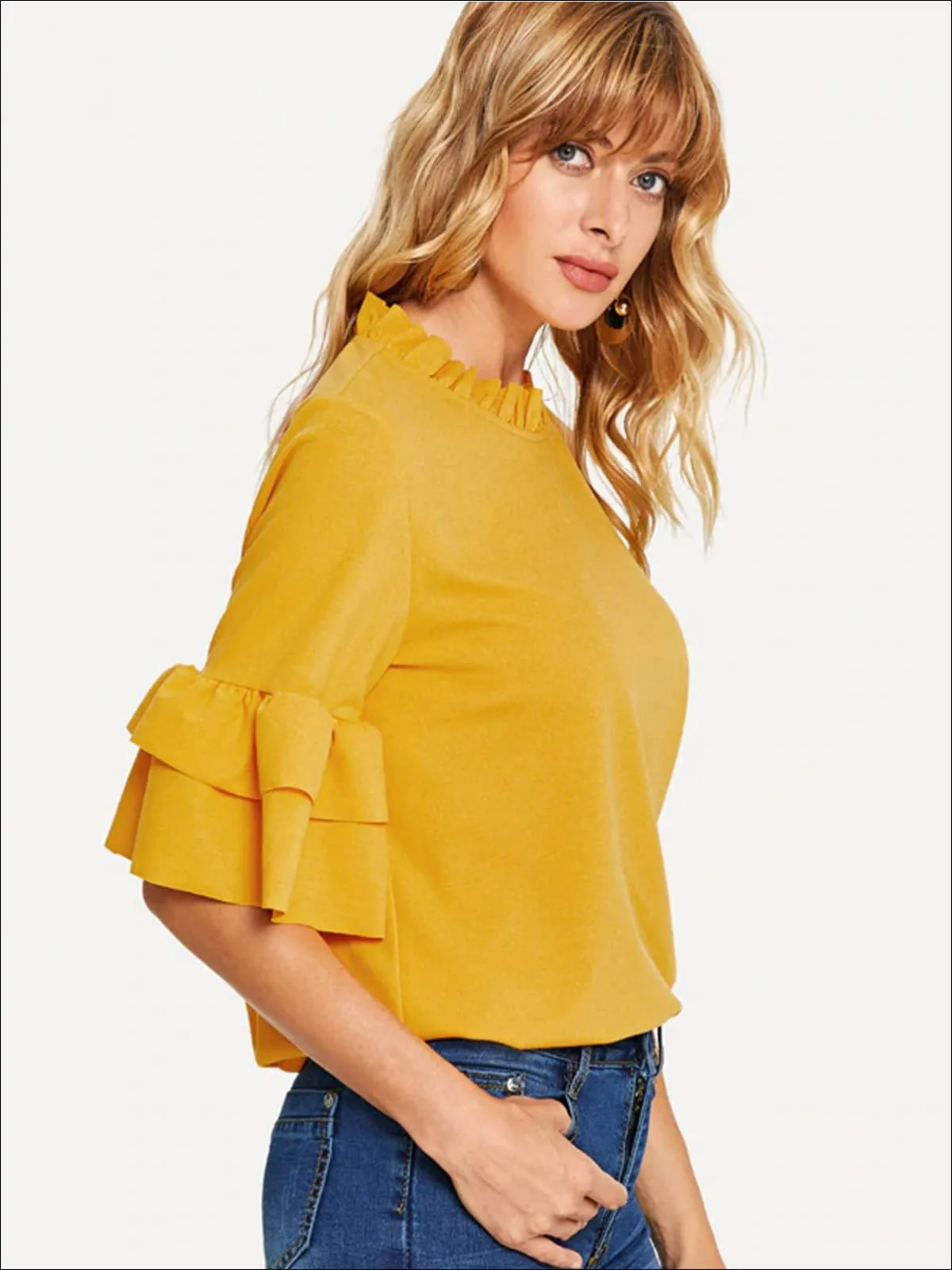 Women's Frill Neck Ruffled Sleeve Blouse